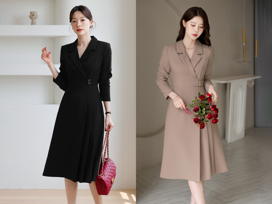 Half Pleated Midi Dress with Waist Button Detail – Elegant Korean Formal Dress for Special Occasions