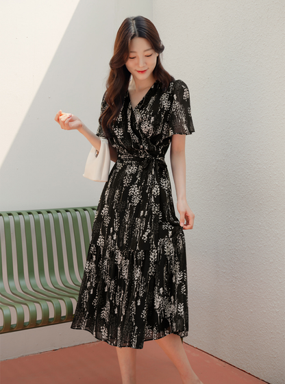 Airy Floral Chiffon Dress with a Softly Defined Wrap Waist