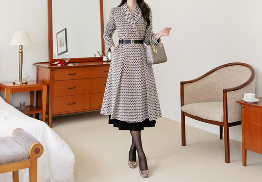 Notched Collar Double Buttons Flare Coat with Belt