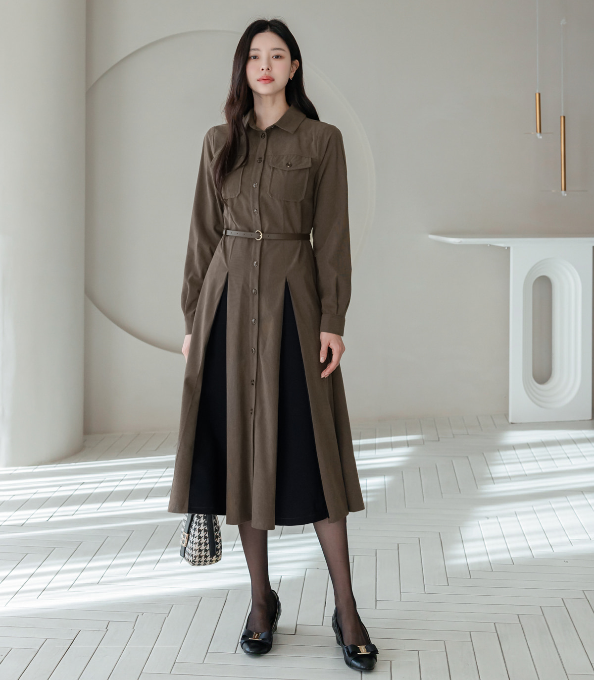 Corduroy A-Line Shirt Dress with Pin-Tuck and Contrast Details