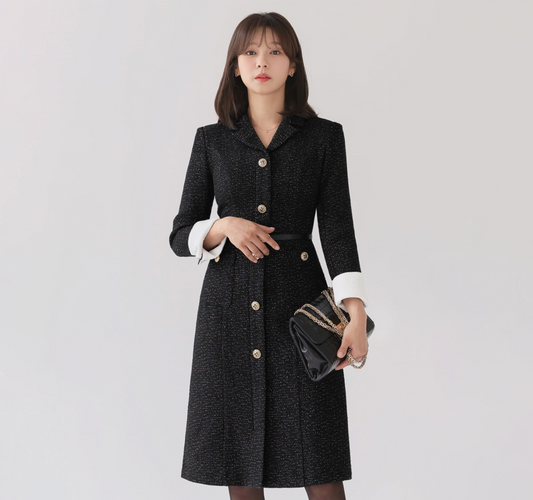 Tailored Silhouette Tweed Dress with Cufflink Detail