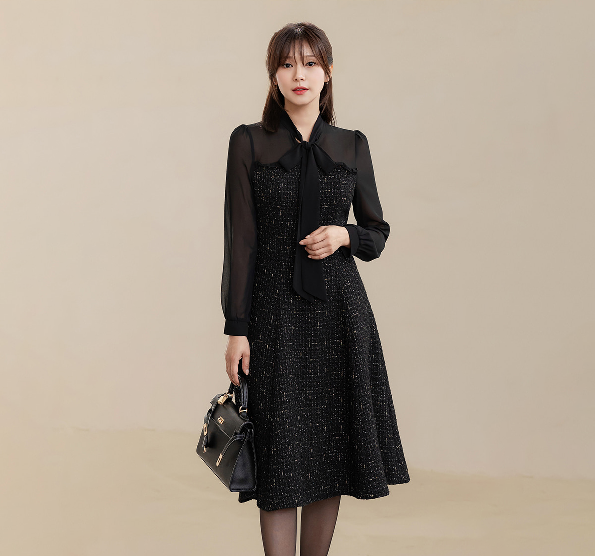 Elegant Tweed Dress with Sheer Tie-Neck Overlay