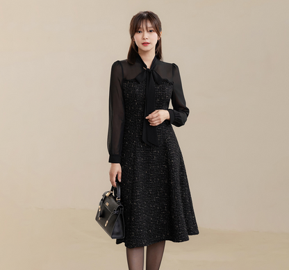 Elegant Tweed Dress with Sheer Tie-Neck Overlay