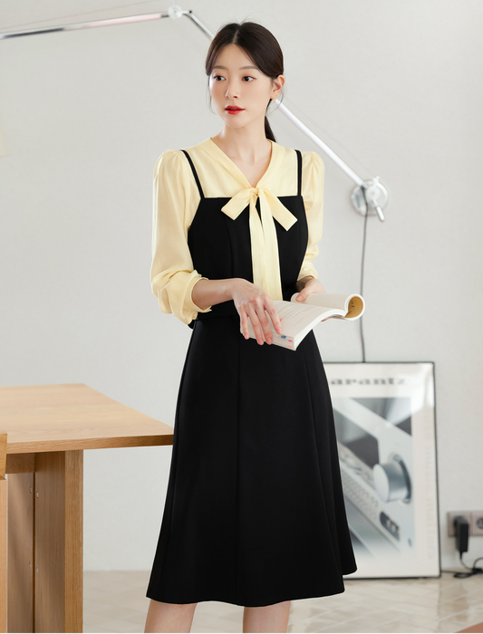 Fit-and-Flare Dress with Slim Straps, Structured Bodice, and Waist Belt