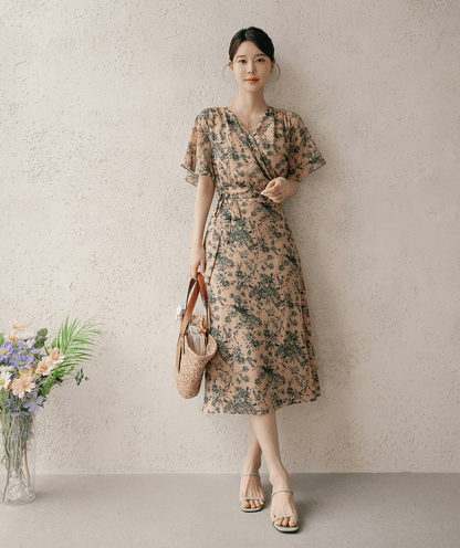 Woman wearing a goddess-inspired wrap dress with graceful wing sleeves, holding a straw bag, standing against a textured wall.