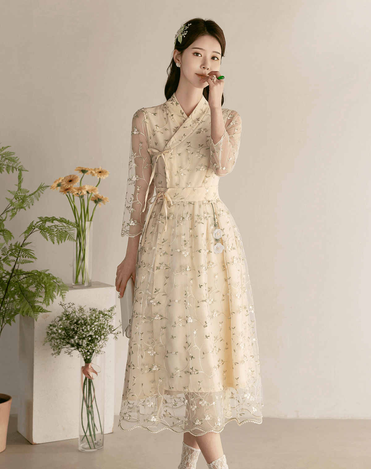 Floral Embroidered Lace Modern Wrap Hanbok Dress with a Romantic Touch