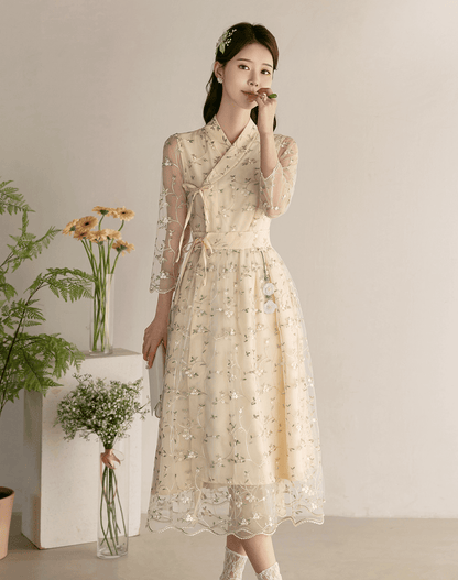 Floral Embroidered Lace Modern Wrap Hanbok Dress with a Romantic Touch