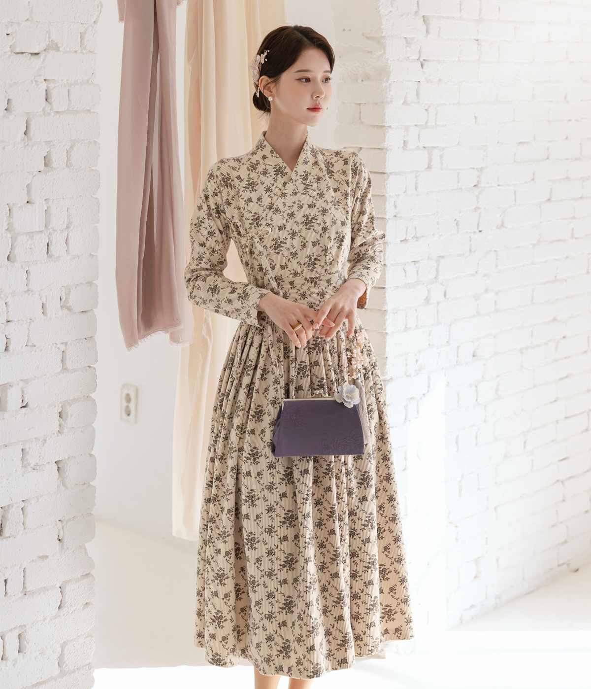 Floral Pattern Corduroy Modern Hanbok Wrap Dress