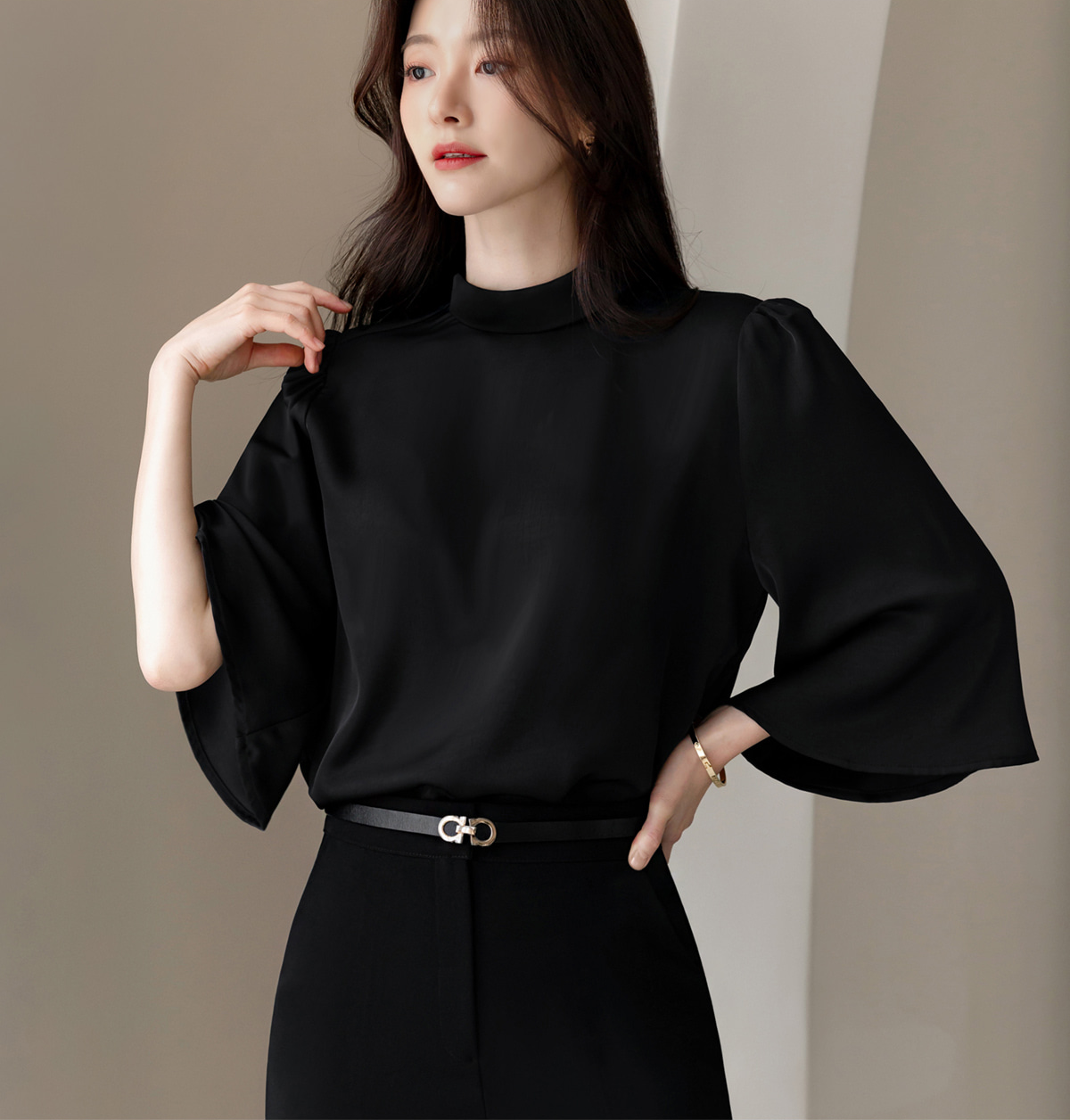 Elegant Mock Neck Blouse with Graceful Wing Sleeves