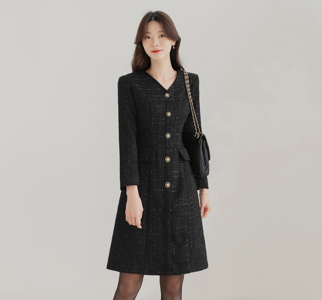 Pearl-Mix Tweed A-Line Dress with V-Neck and Decorative Flap