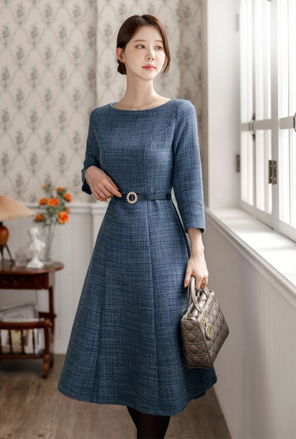 Feminine Boat Neck Blue Tweed Flare Dress with Belt