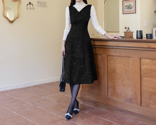 Sequin Tweed Sleeveless Dress with Wide Shoulders and Subtle Shine