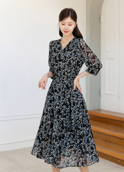 Romantic Floral Chiffon Wrap Dress with Sheer Three-Quarter Sleeves