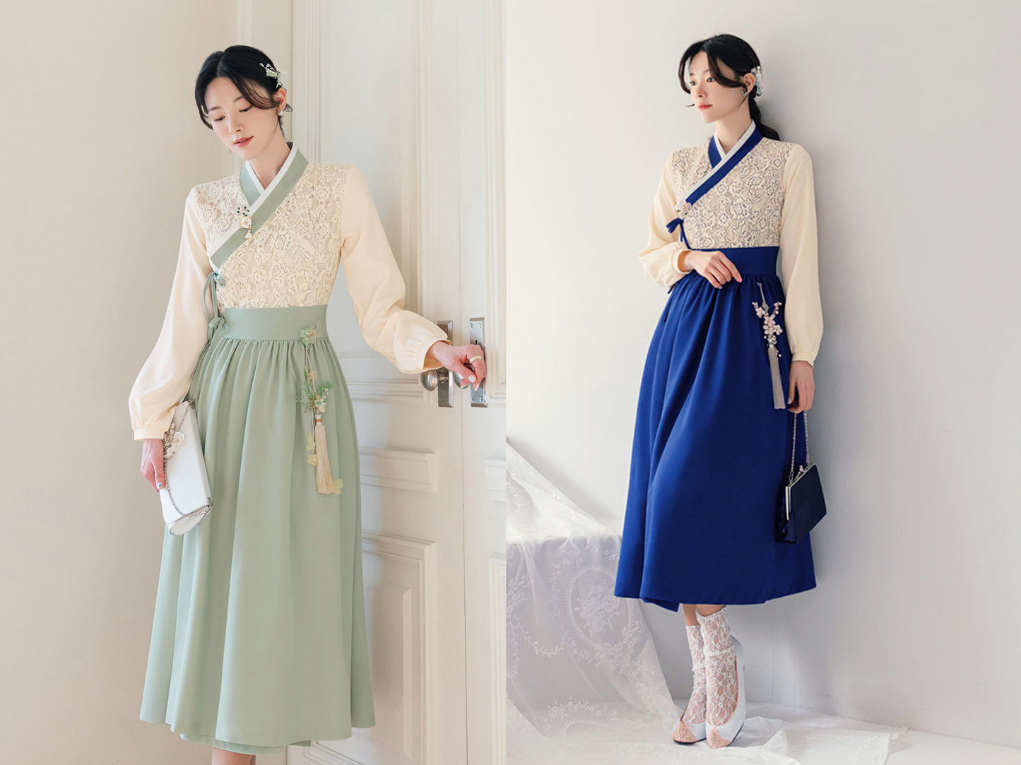 Floral Lace Wrap Modern Hanbok Dress in Green and Blue