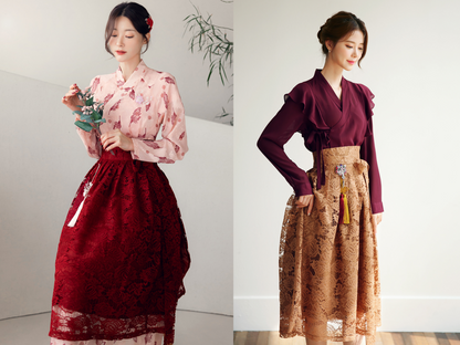 Floral Pattern Lace Modern Hanbok Wrap Skirt