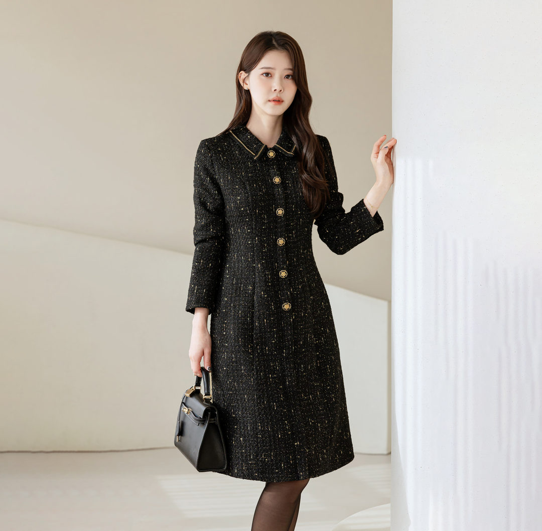 Luxury Tweed Dress with Gold‑Chain Detailing and Removable Belt – STUDIO731