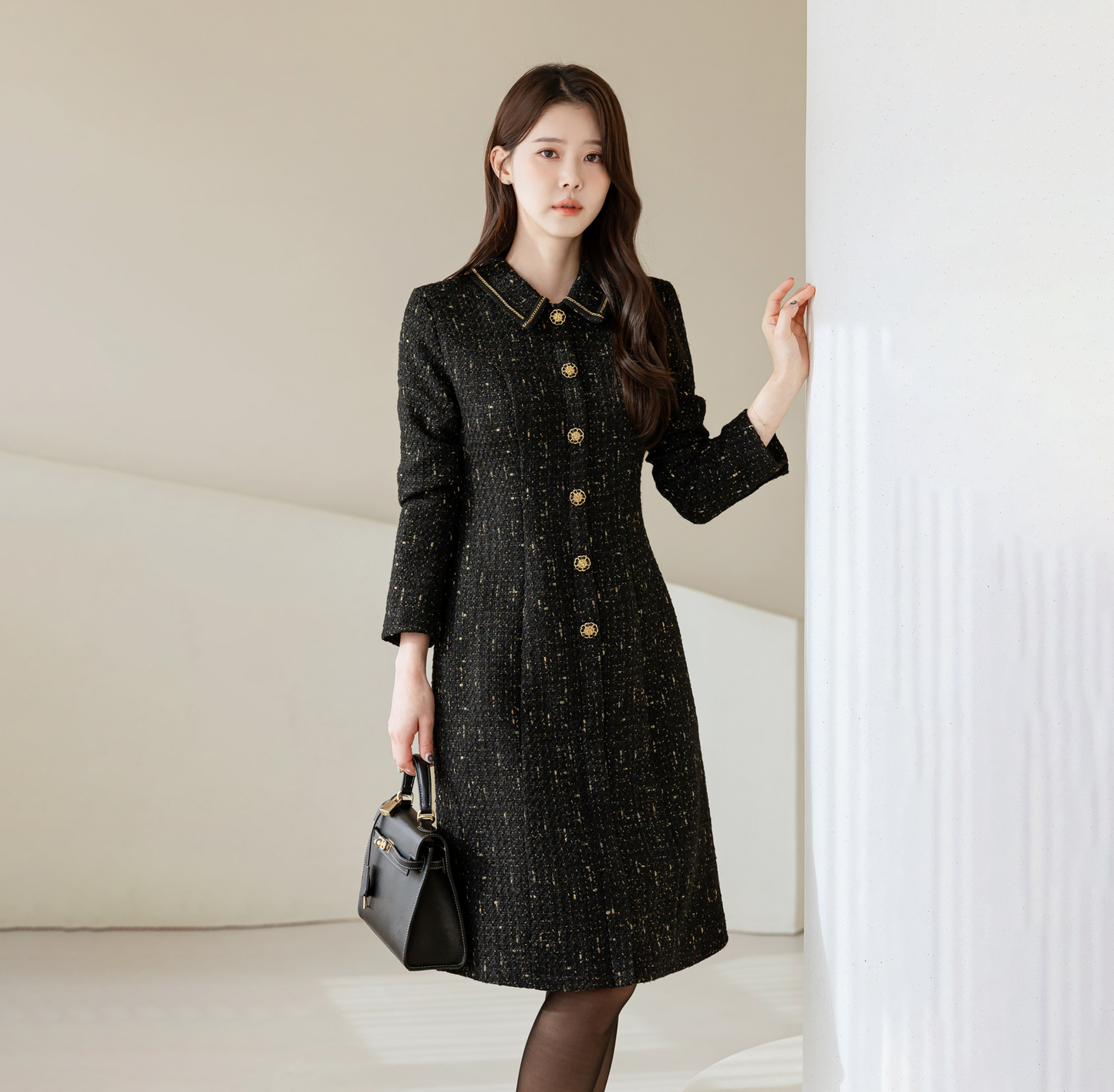 Luxury Tweed Dress with Gold‑Chain Detailing and Removable Belt