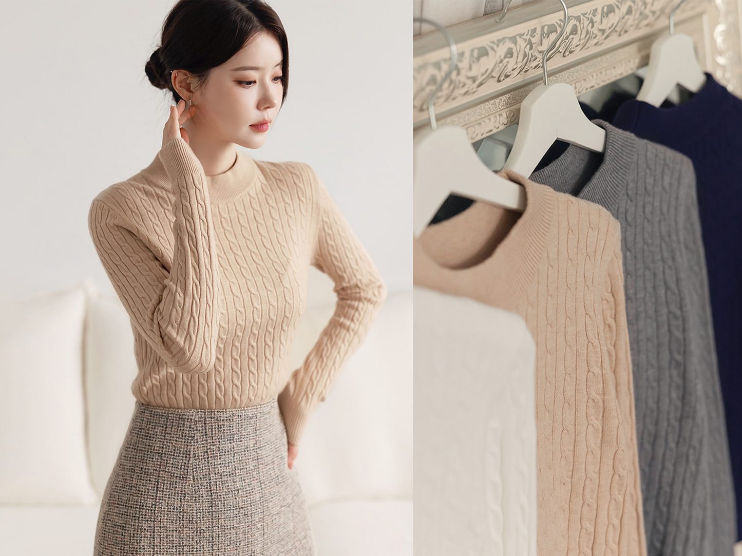 Lightweight Mock Neck Slim Fit Cable Knit Top