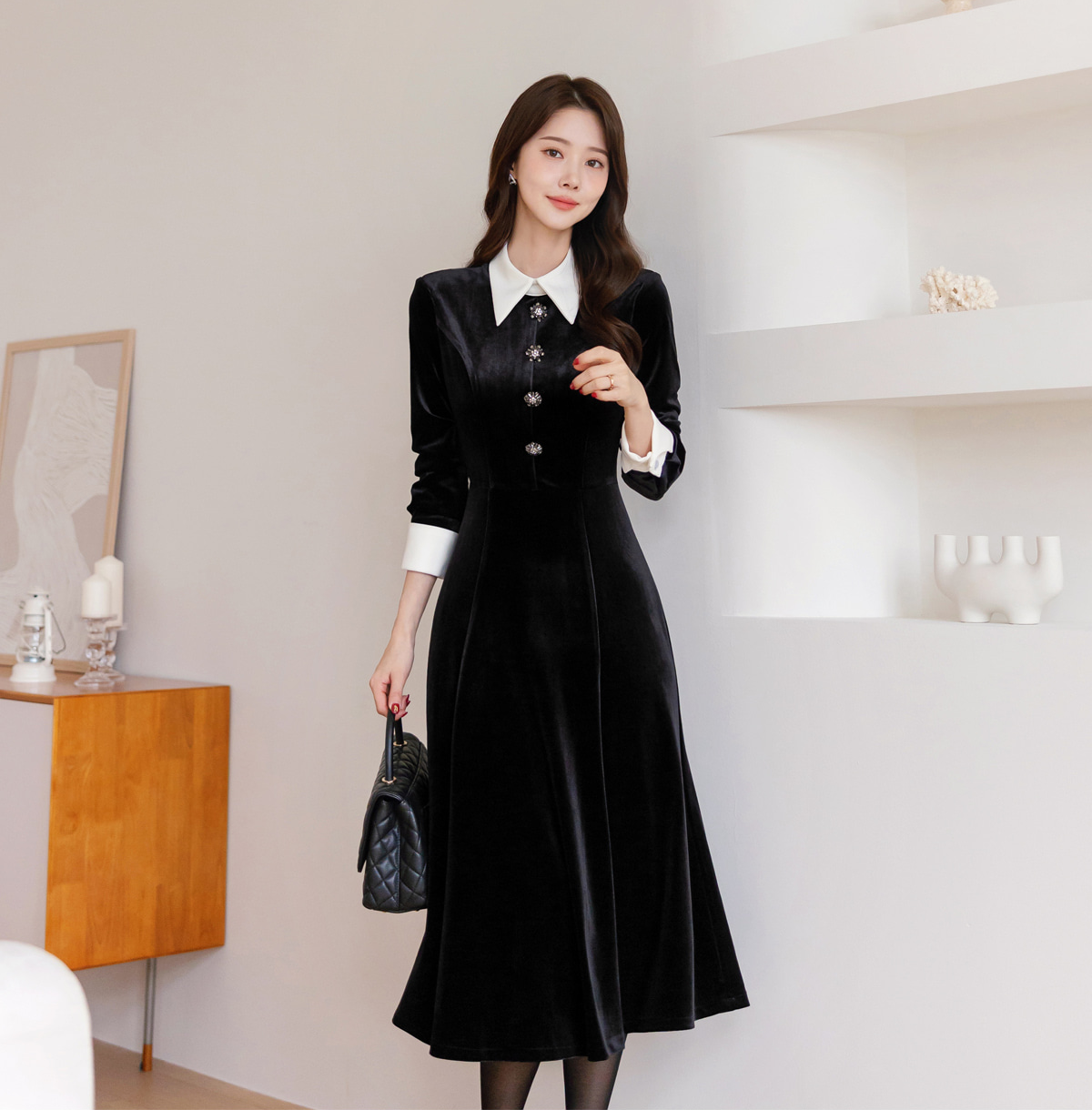 Velvet Flare Dress with Jewelry Buttons, White Collar & Cuffs