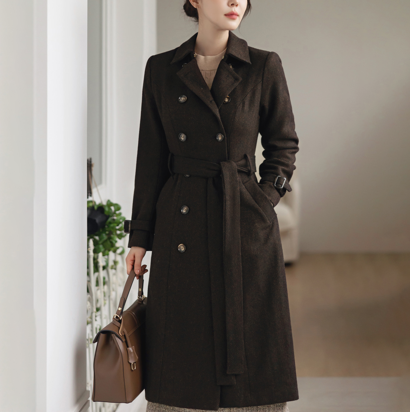 Double-Breasted Herringbone Trench Coat