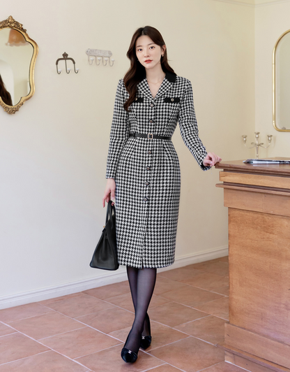 Houndstooth Pattern Tweed Dress with Tailored Collar