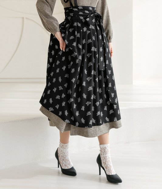 Patterned Black Modern Hanbok Wrap Skirt