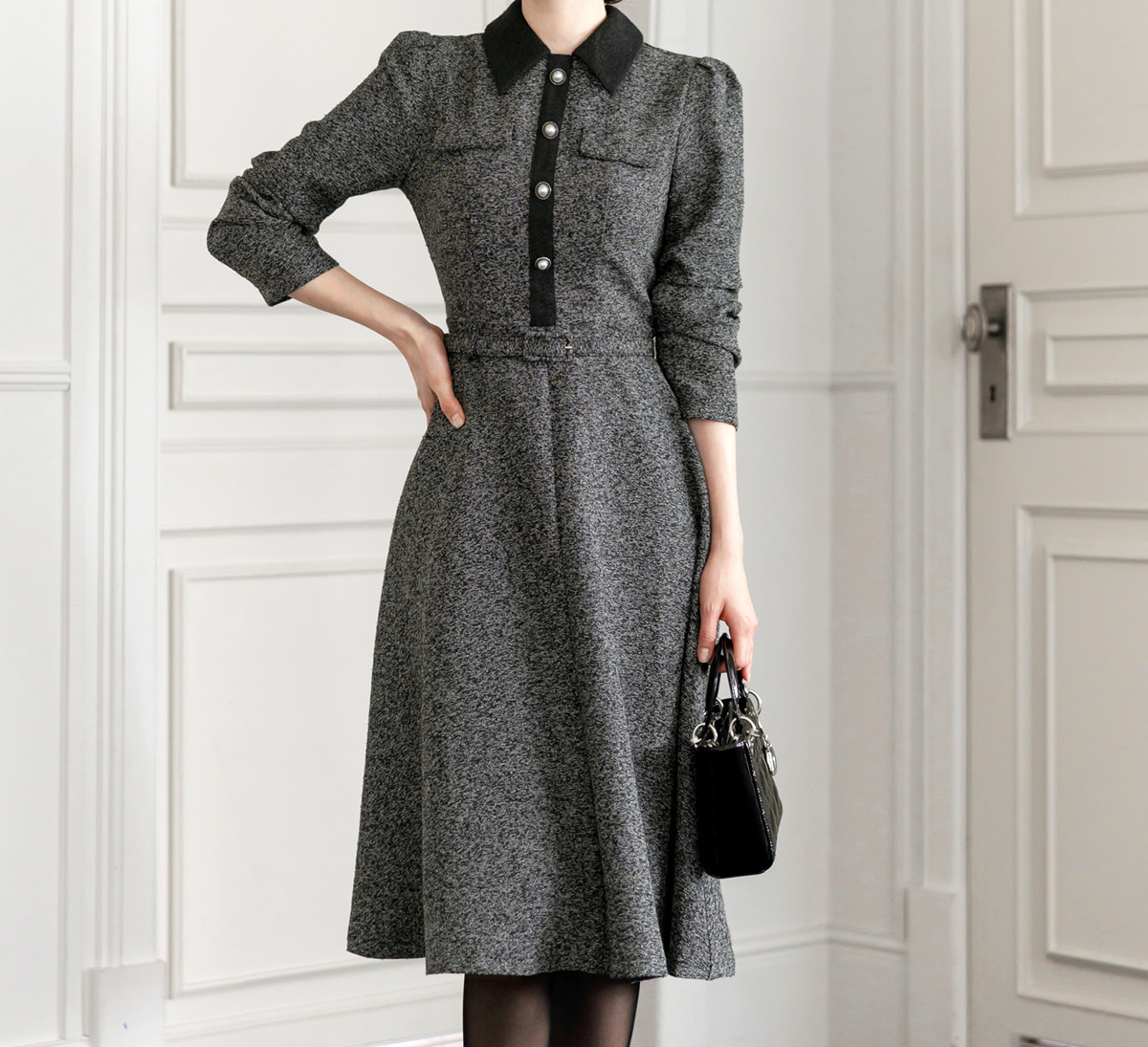 Classic Collar Elegant  Tweed Dress with Belt