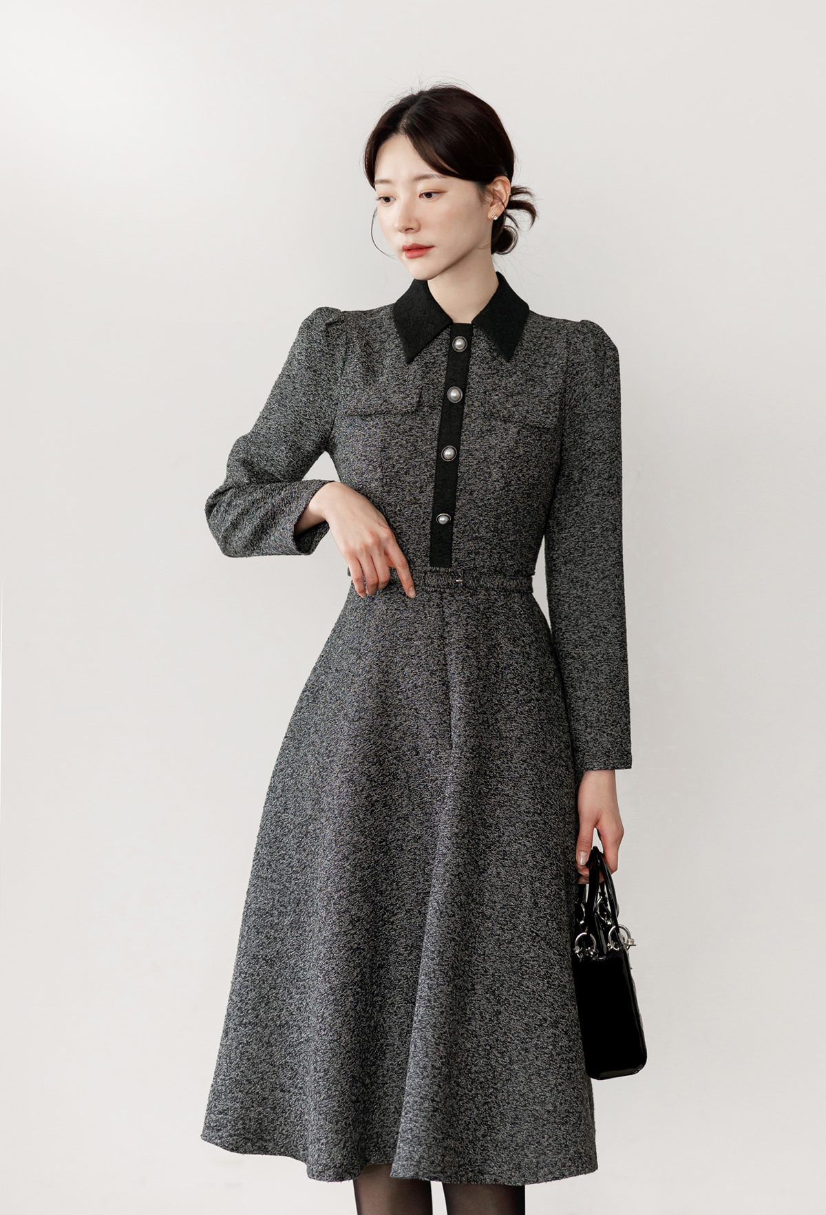 Classic Collar Elegant  Tweed Dress with Belt