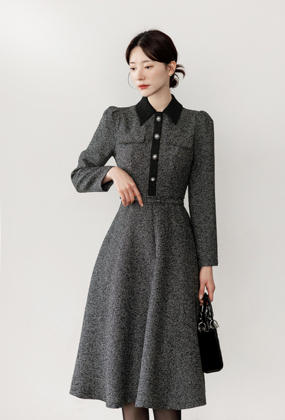 Classic Collar Elegant  Tweed Dress with Belt