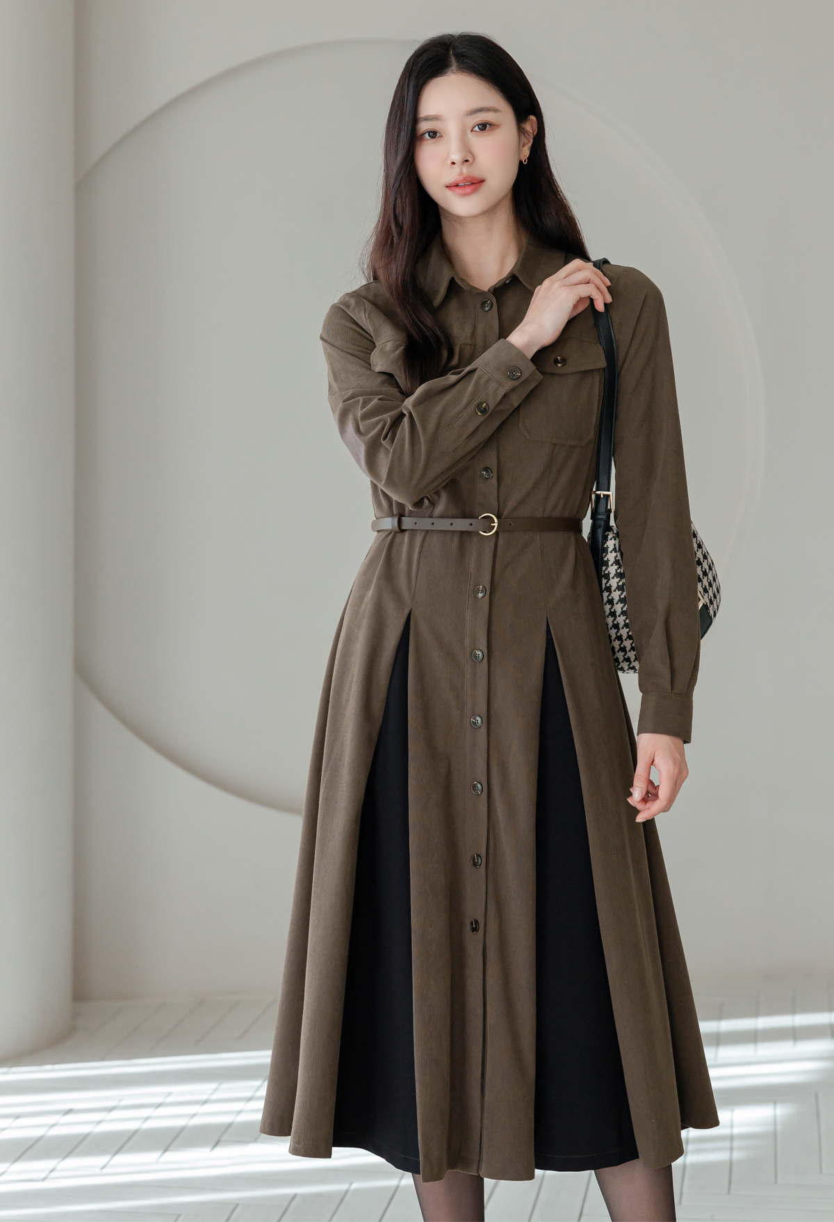 Corduroy A-Line Shirt Dress with Pin-Tuck and Contrast Details