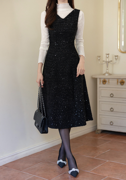 Sequin Tweed Sleeveless Dress with Wide Shoulders and Subtle Shine