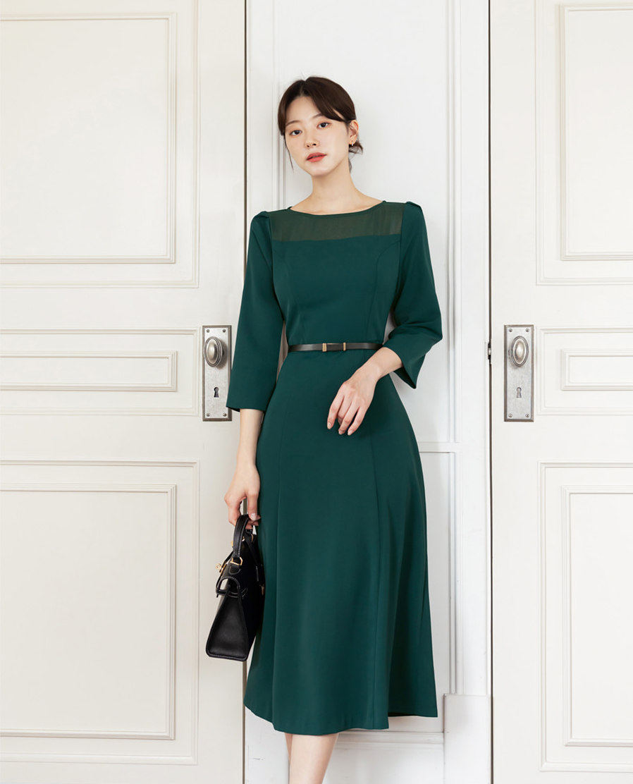 Elegant 3/4 Sleeve Belted Dress with Sheer Neckline Accent