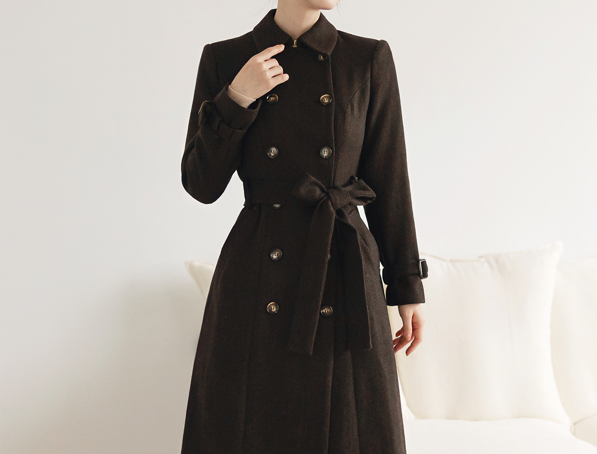 Double-Breasted Herringbone Trench Coat