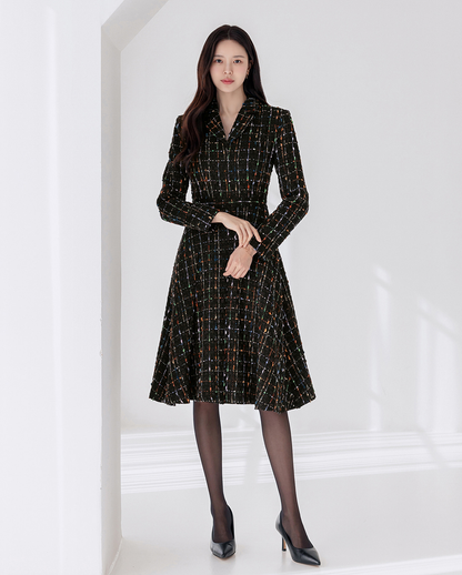 Elegant Tweed Flare Dress with Belted Waist and Gold‑Thread Detail
