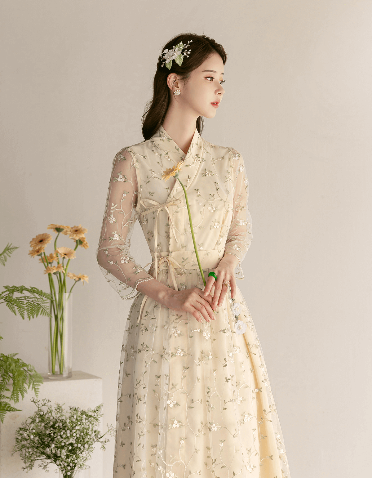 Floral Embroidered Lace Modern Wrap Hanbok Dress with a Romantic Touch