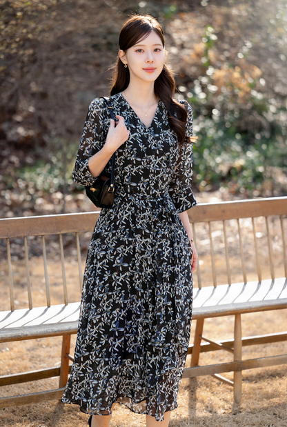 Romantic Floral Chiffon Wrap Dress with Sheer Three-Quarter Sleeves