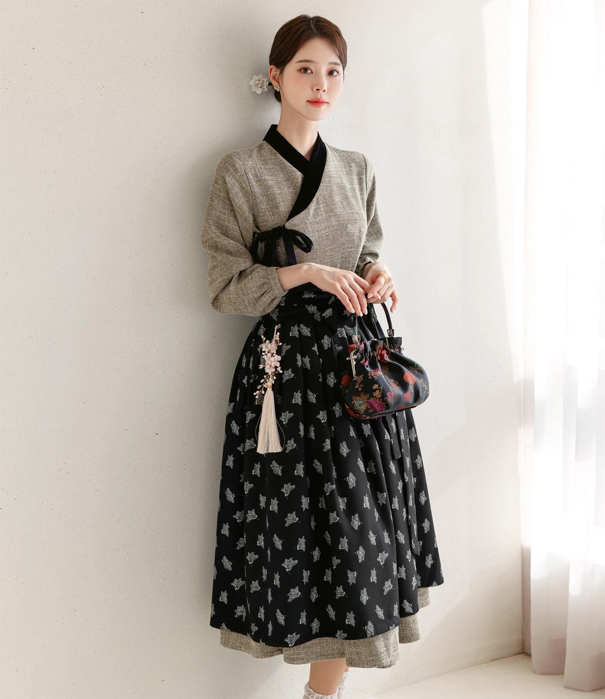 Patterned Black Modern Hanbok Wrap Skirt