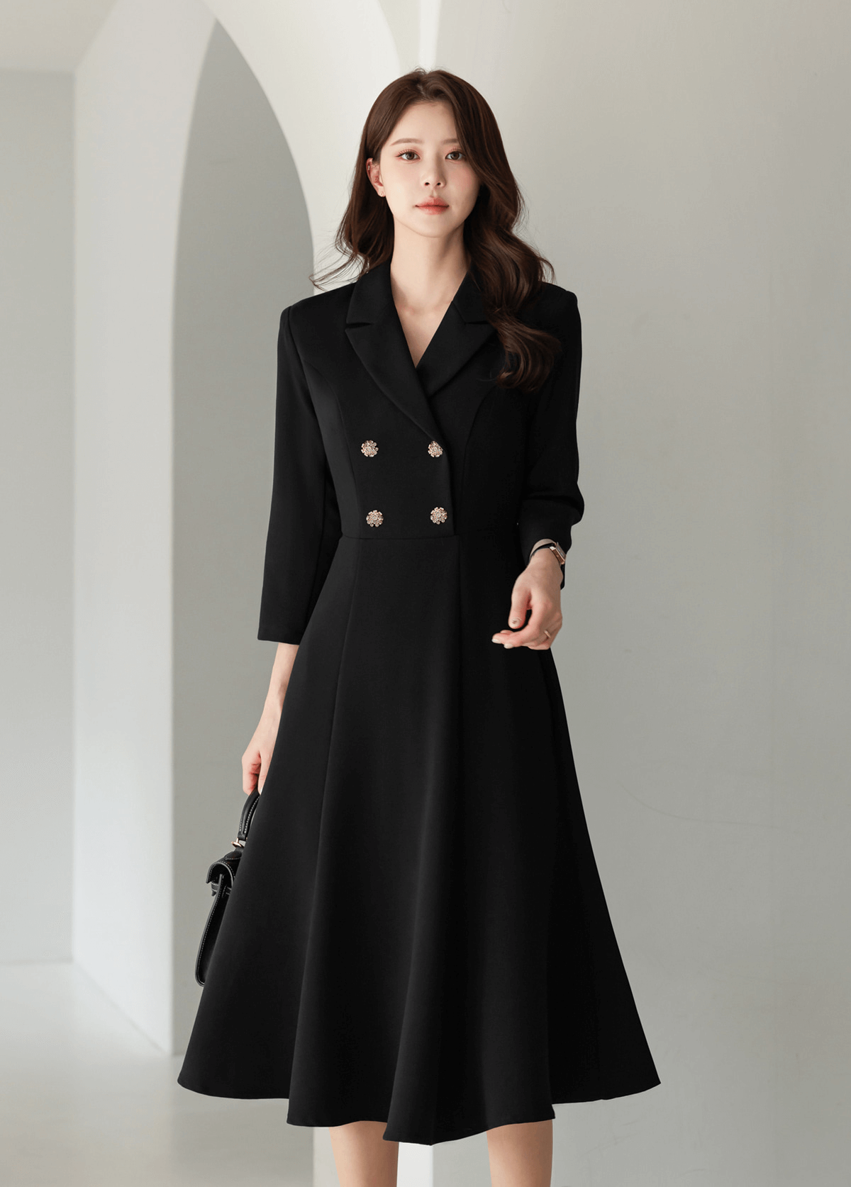 Classic black flare dress with collar and double-breasted buttons