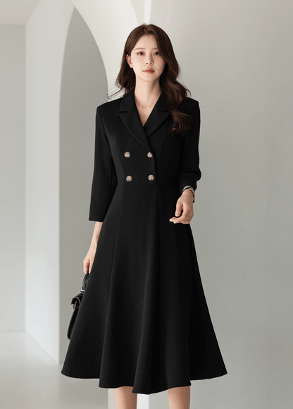 Classic black flare dress with collar and double-breasted buttons