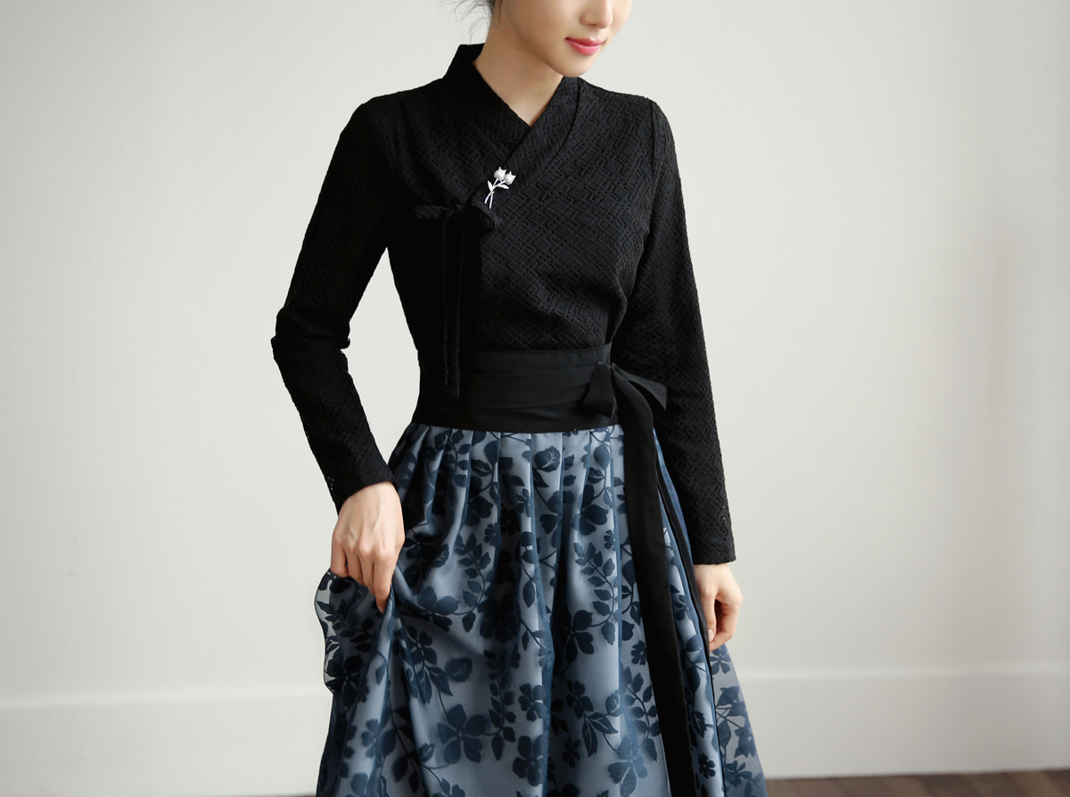 Punched Lace Modern Hanbok Blouse in Black