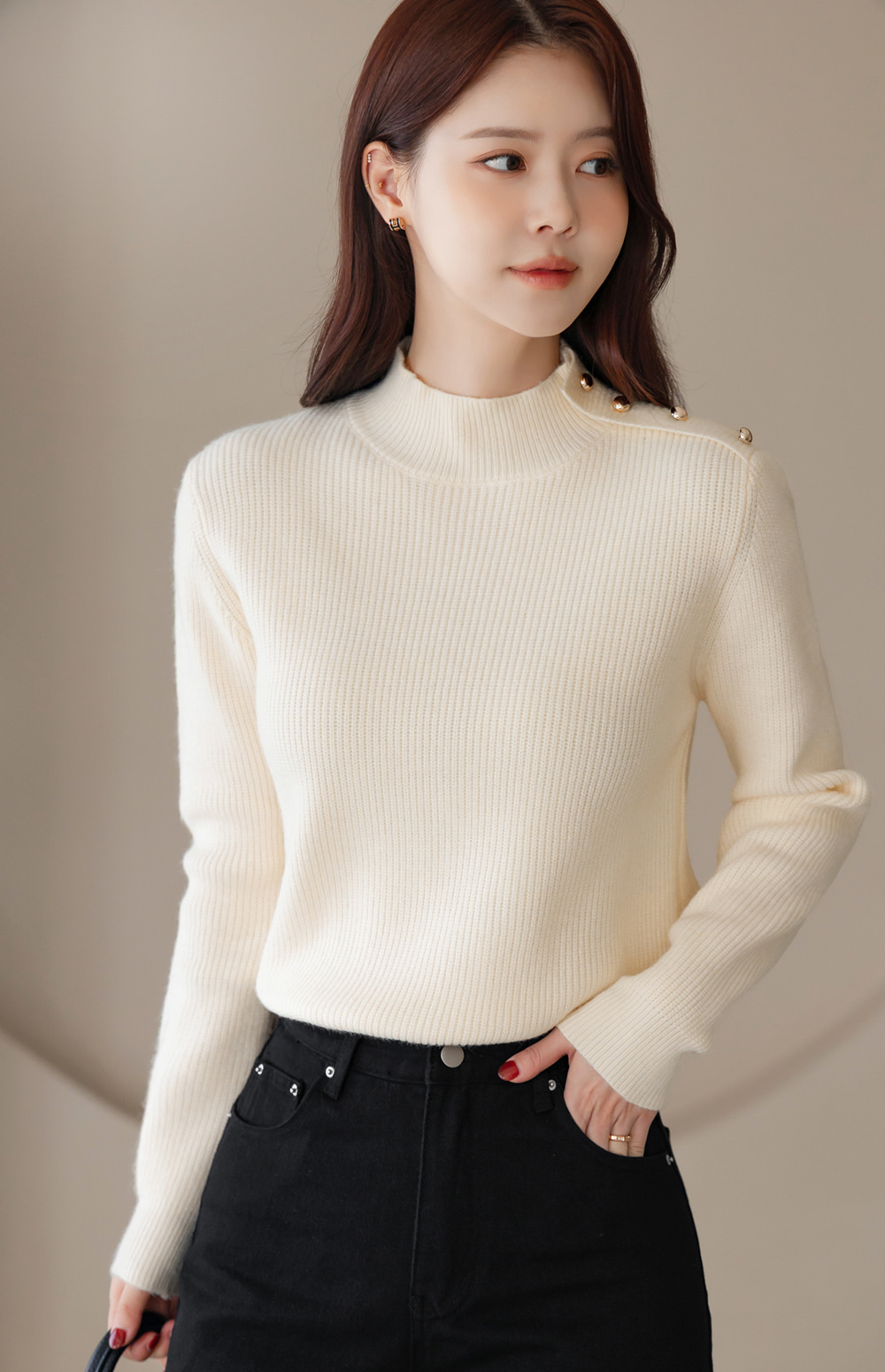 Soft Side‑Button Mock Neck Knit for Cozy Office & Everyday Style