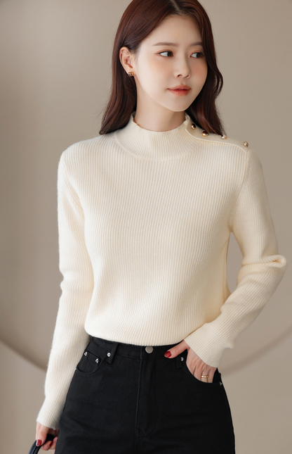 Soft Side‑Button Mock Neck Knit for Cozy Office & Everyday Style