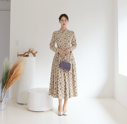 Floral Pattern Corduroy Modern Hanbok Wrap Dress