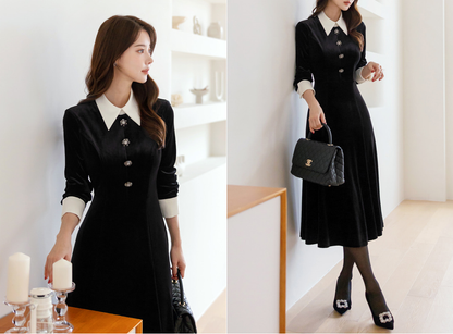 Velvet Flare Dress with Jewelry Buttons, White Collar & Cuffs