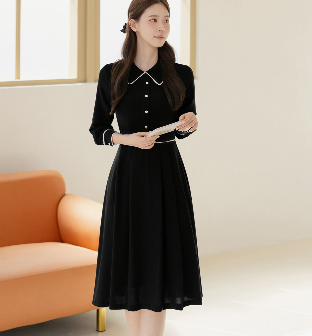 Black Flare Dress with Lace-Trimmed Collar and Enamel Button Detail