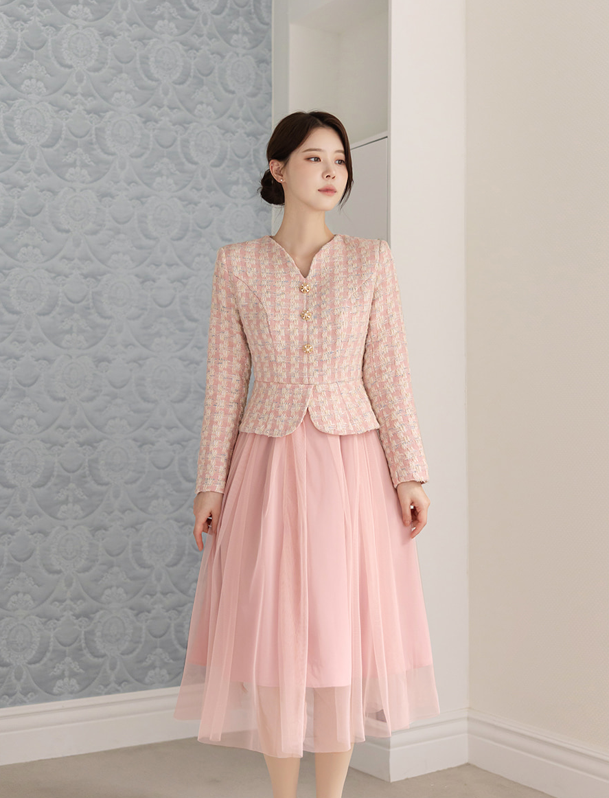 Pink Tweed Jacket & Tulle Skirt Layered Dress