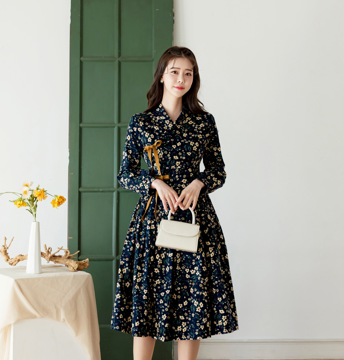 Brushed Fleece Modern Hanbok Wrap Dress with All-Over Small Floral Print