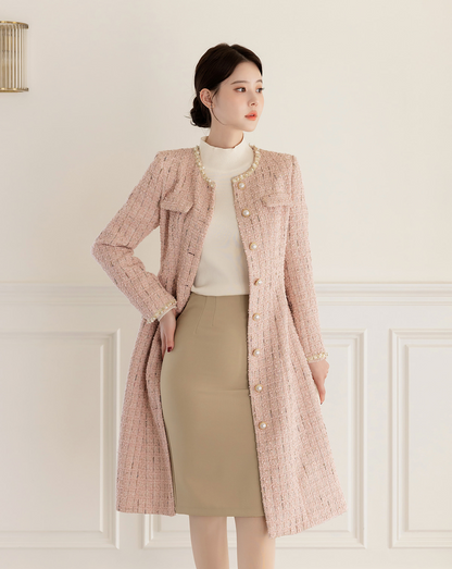 Elegant Long Tweed Jacket with Pearl Trimming