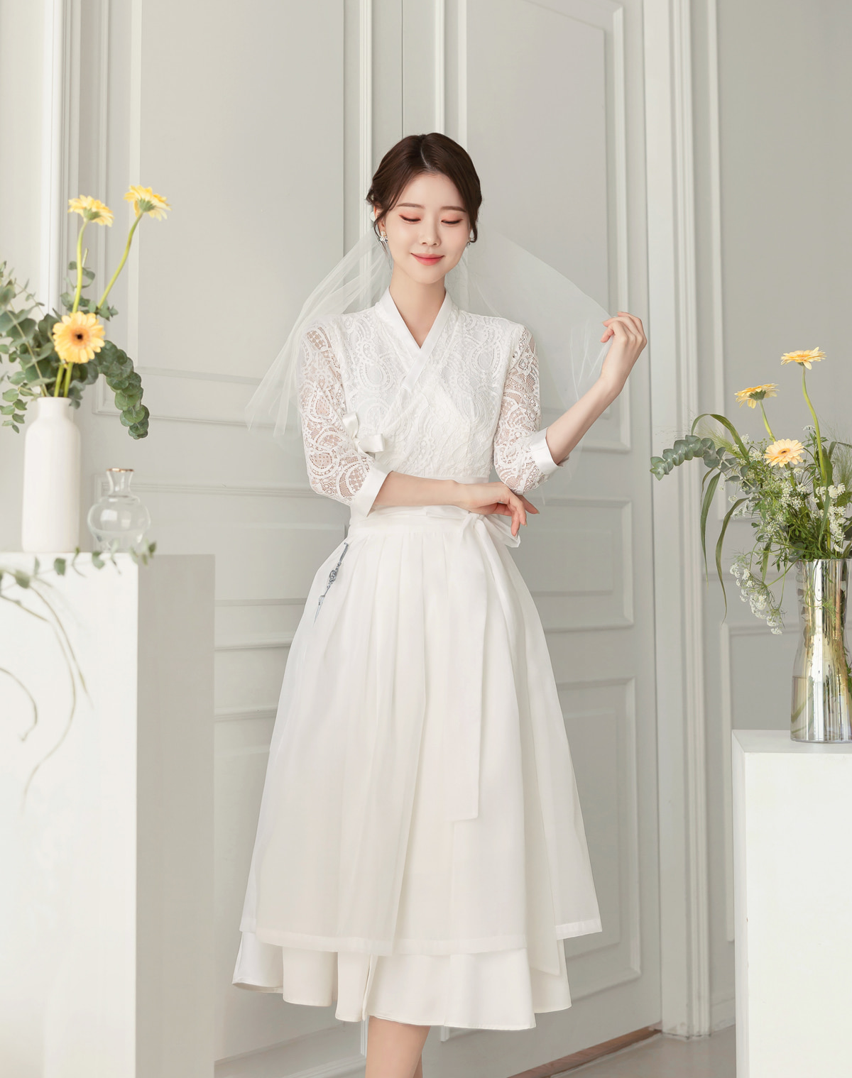 Lace Bodice and Sheer Sleeves Modern Hanbok Wrap Dress