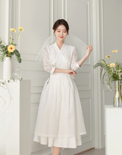 Lace Bodice and Sheer Sleeves Modern Hanbok Wrap Dress